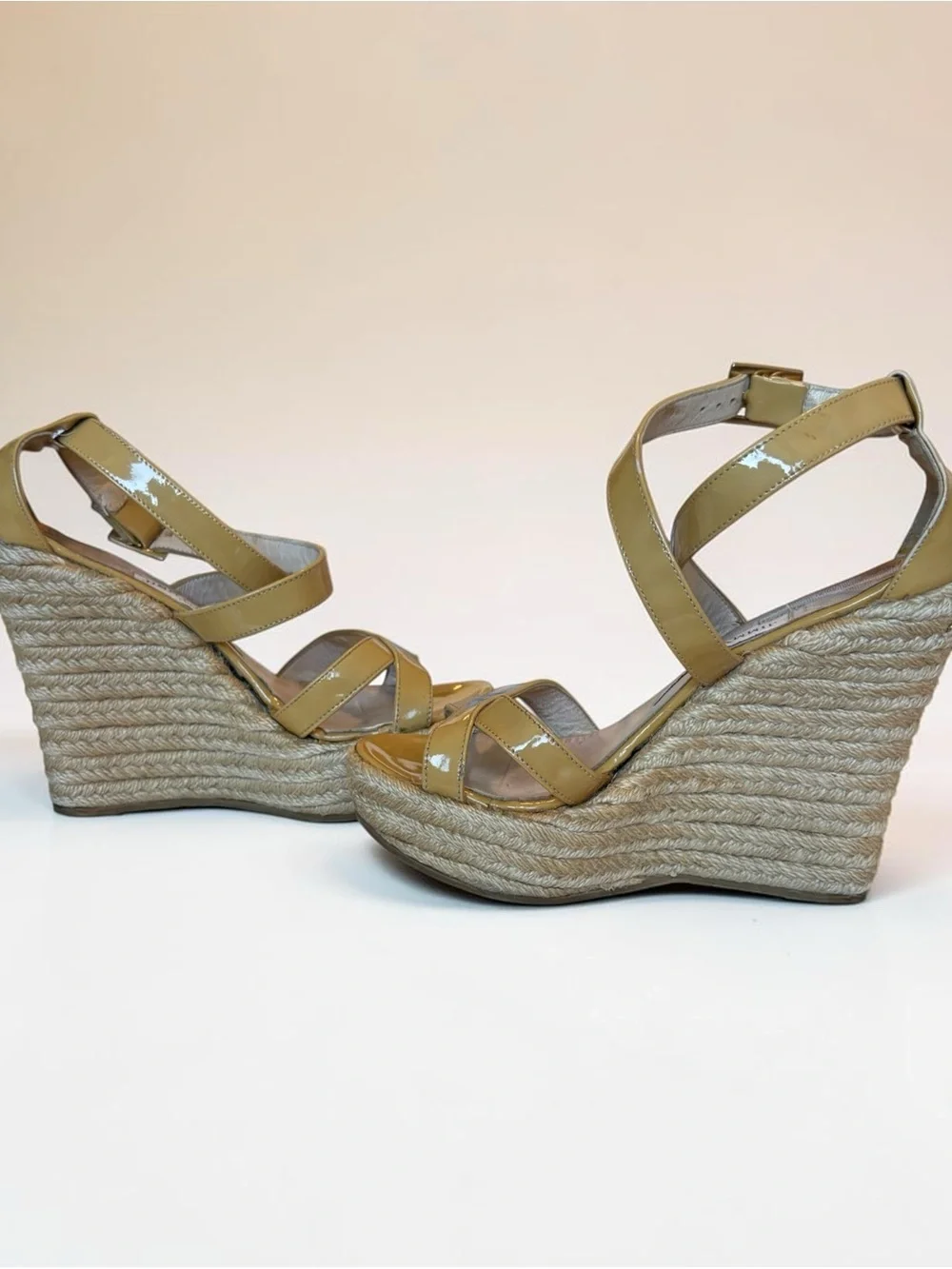 JIMMY CHOO Patent Leather Espadrille Wedge Sandals in Beige and raffia heel